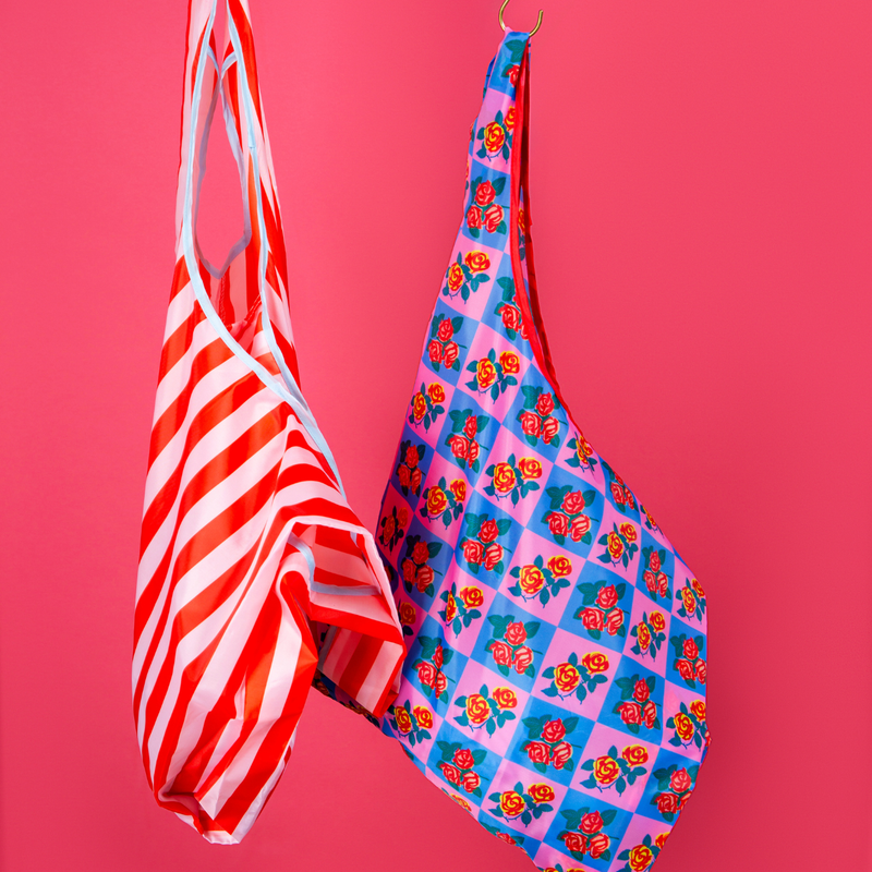 Pink & Red Stripes Foldable Nylon Tote-zoom-