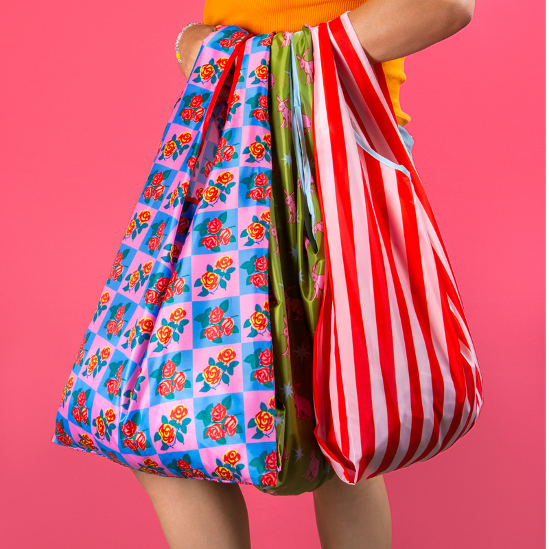 Pink & Red Stripes Foldable Nylon Tote-zoom-